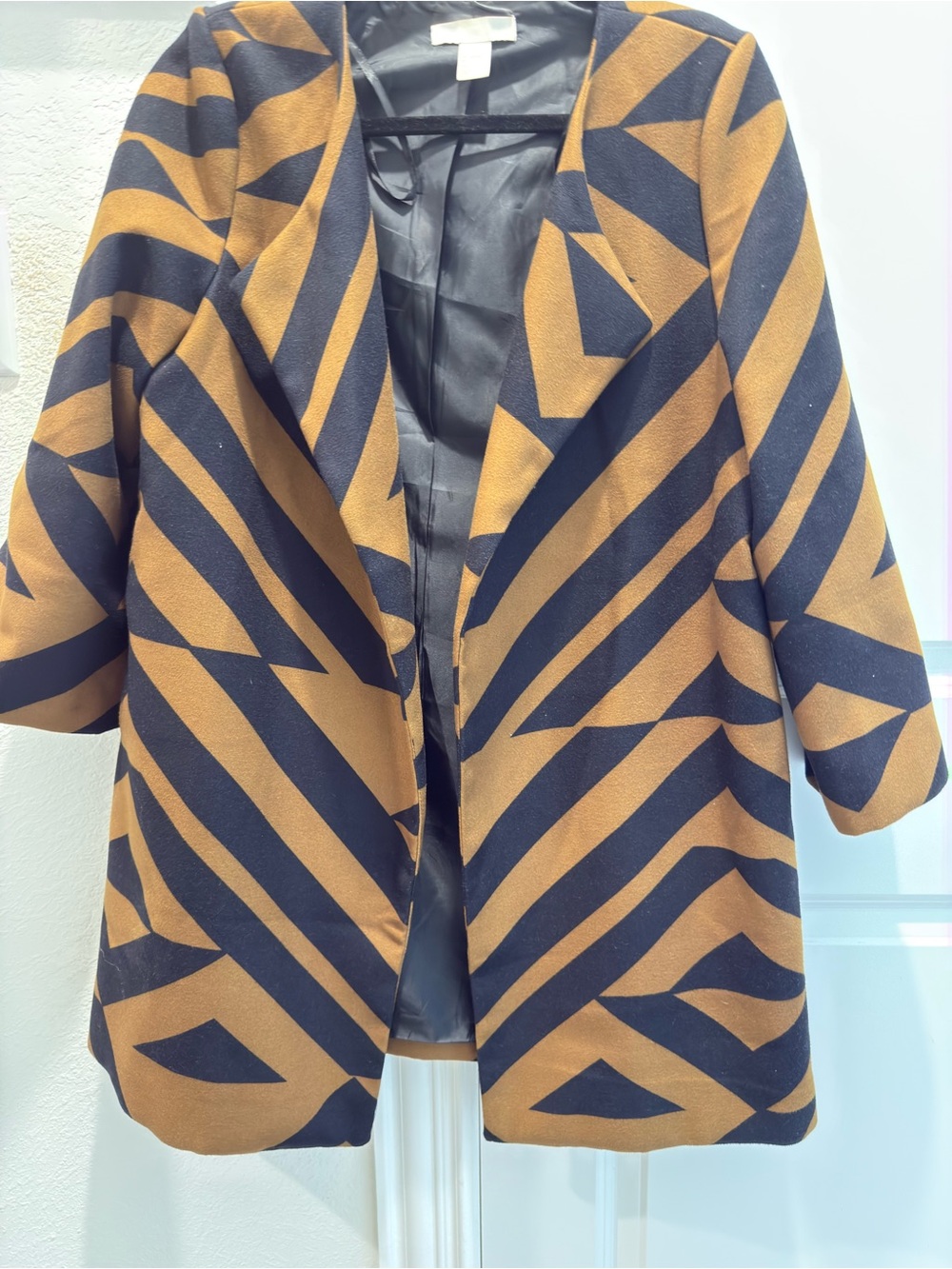H&M Wool Blend Black and Brown Geometric Open-Front Blazer